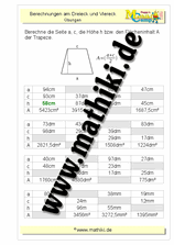 Trapez: Flächeninhalt / Grundseiten / Höhe - ©2011-2019, www.mathiki.de