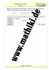 Kreisberechnung Aufgaben als Tabelle - ©2011-2018, www.mathiki.de